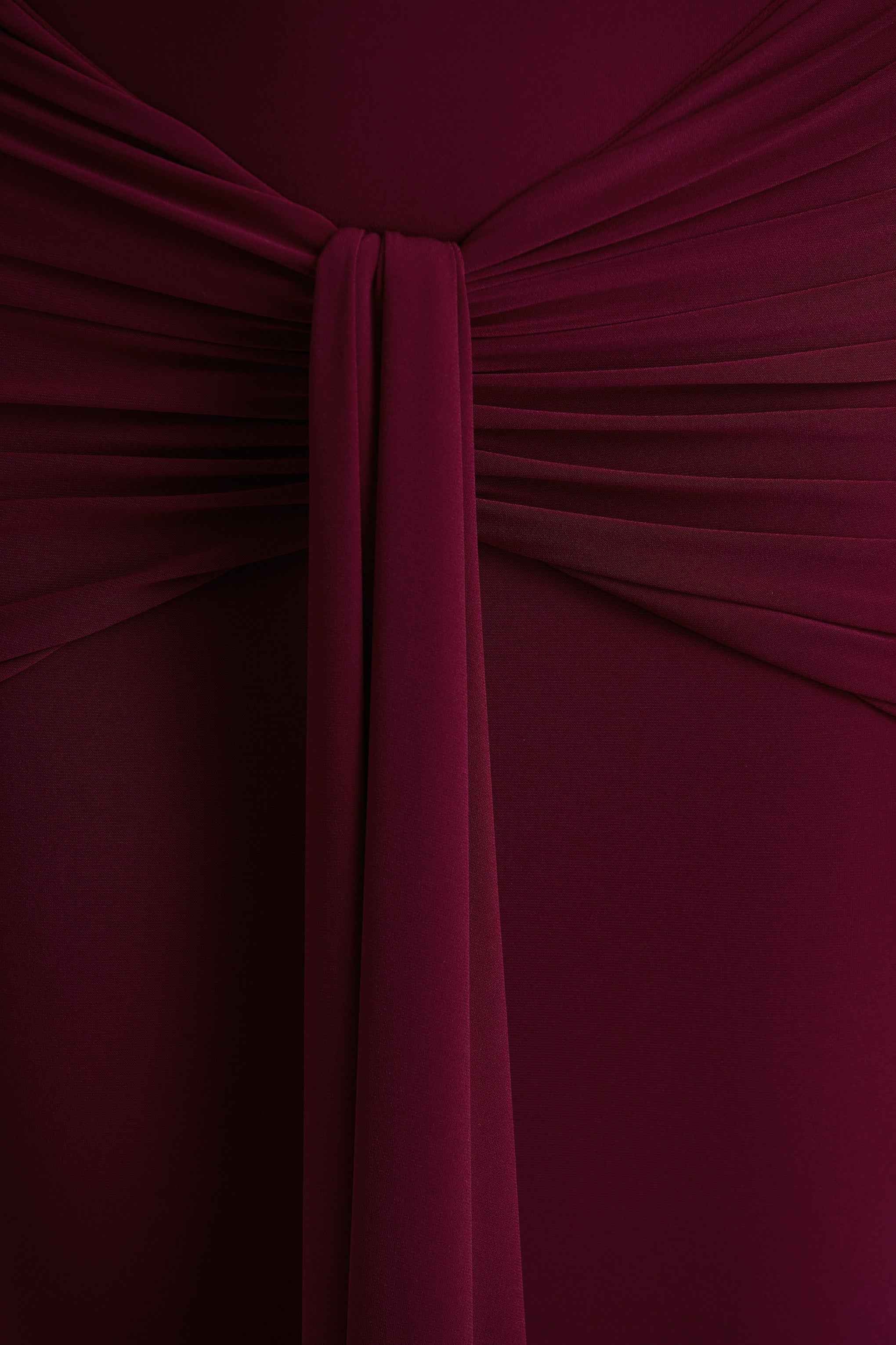 Envisioned Maxi Dress - Burgundy Bardot Neck Gathered