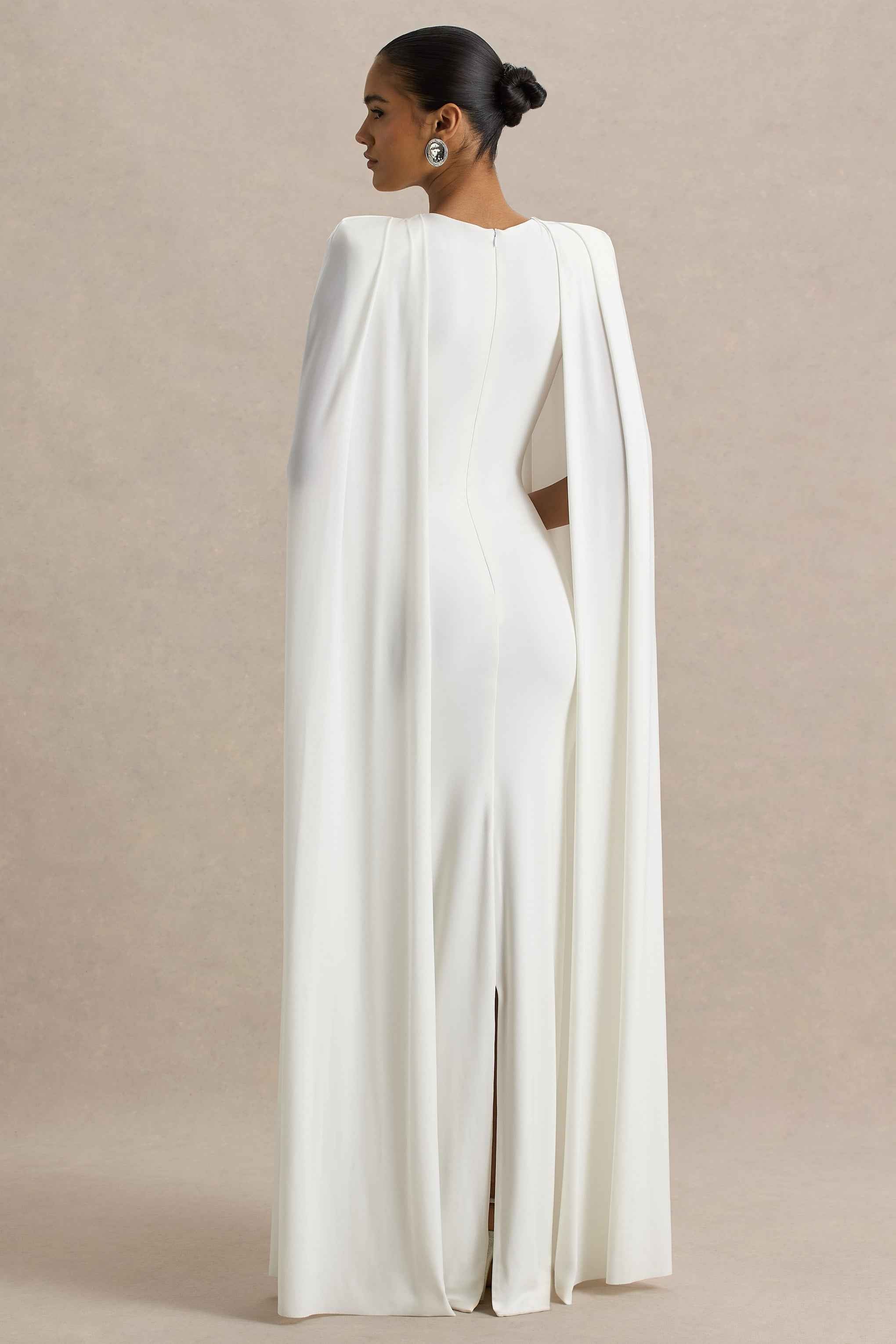White Slashed-Neck Maxi Dress With Cape Sleeve Detail