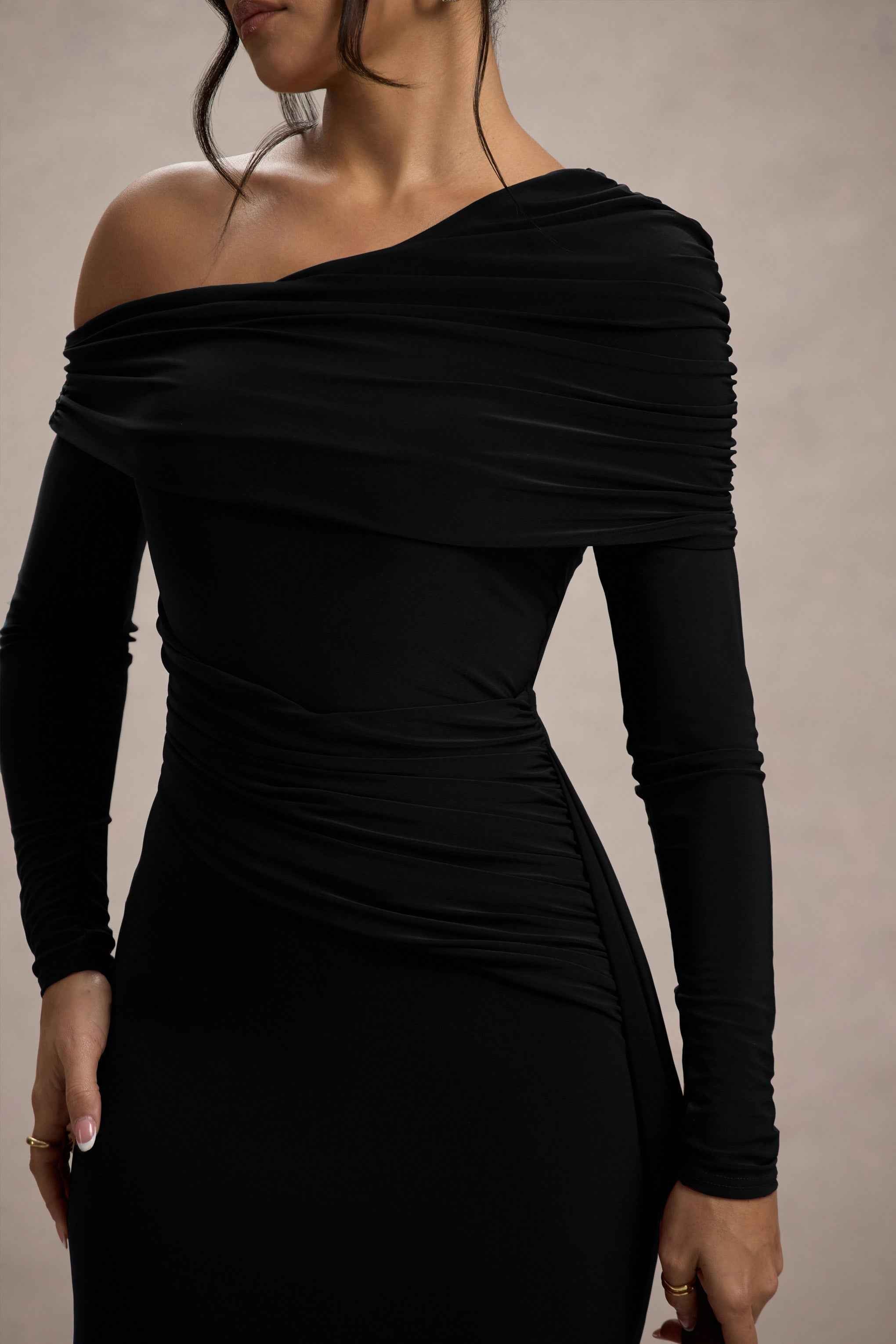 Valina Maxi Dress - Black Ruched Asymmetric