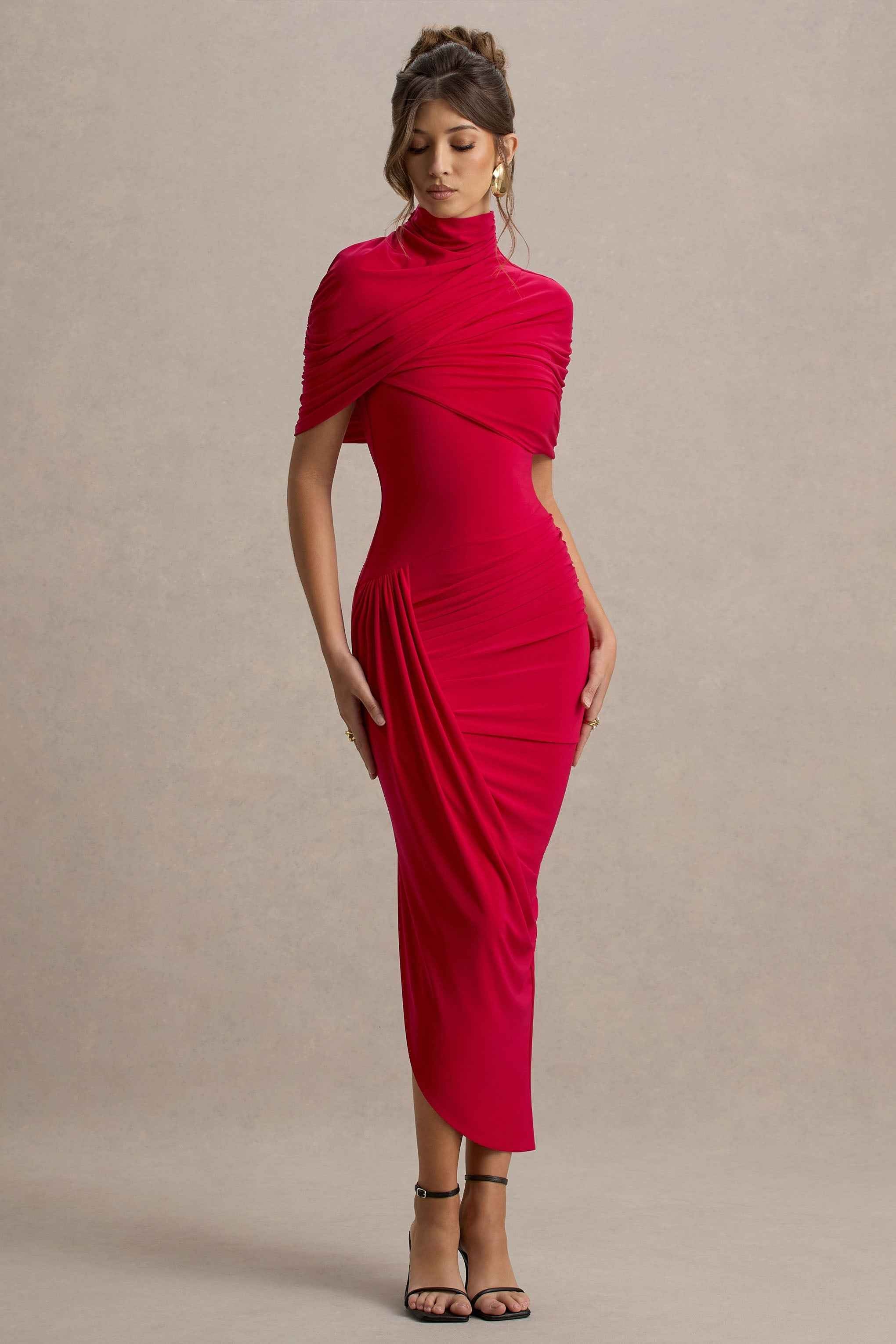 Enchant Midi Dress - Red Asymmetric Cape