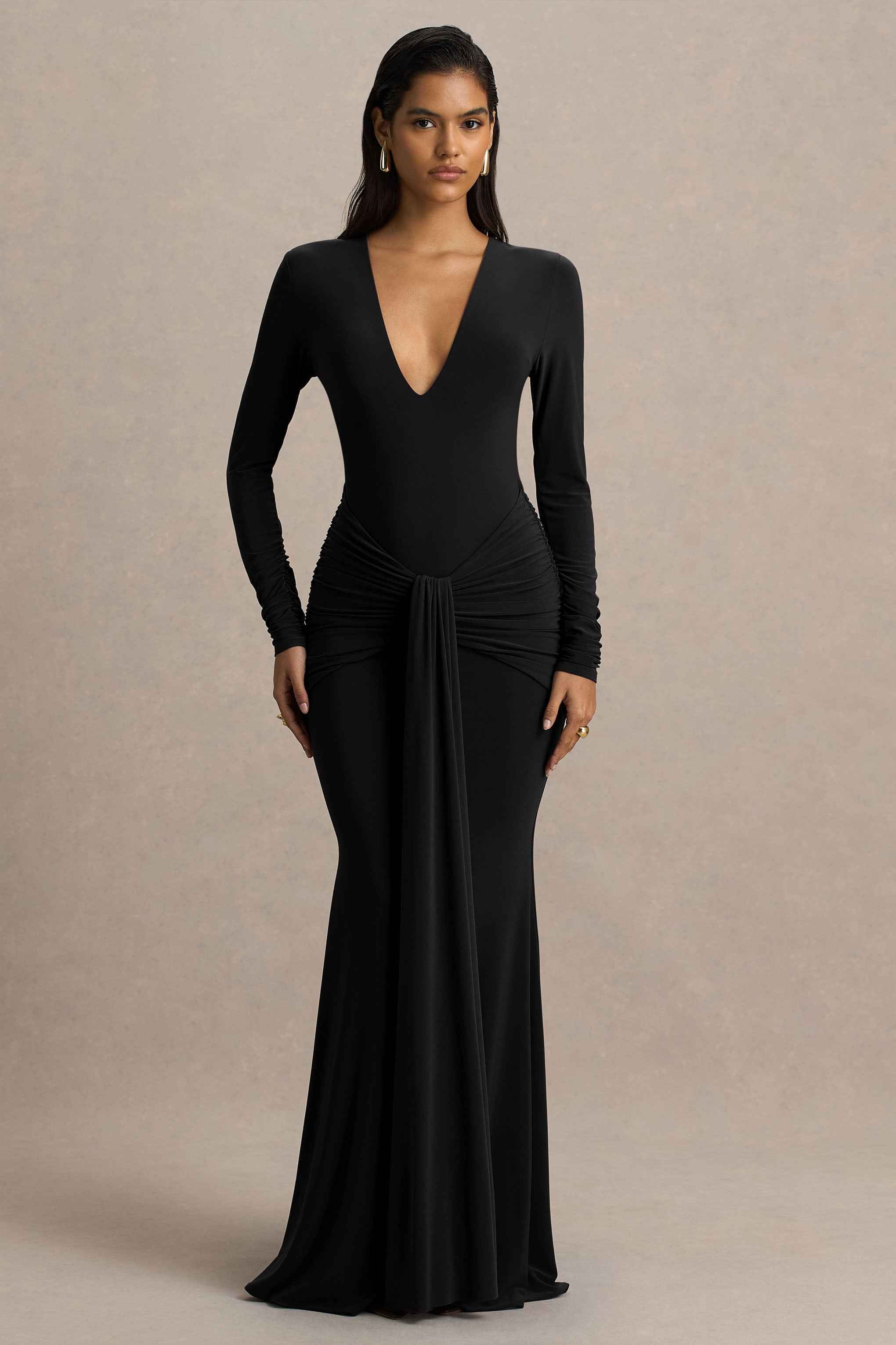 Black Extreme-Plunge Wrap Maxi Dress With Long-Sleeves And Ruched Detailing