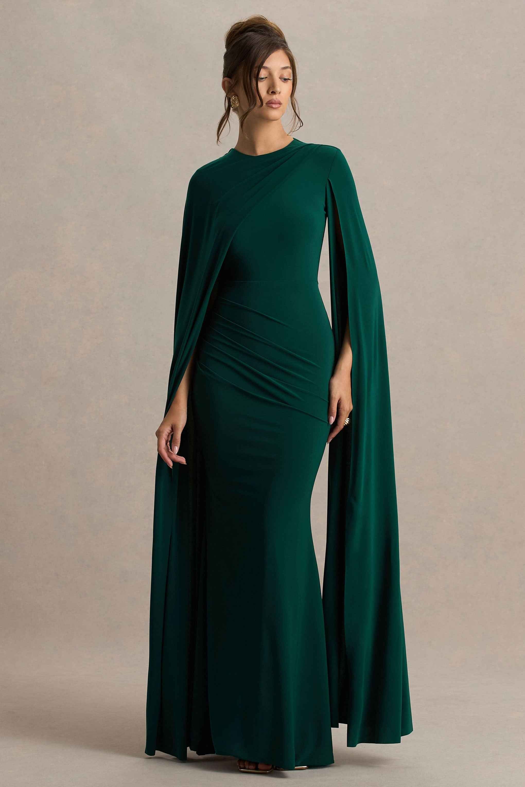 Magdelena Maxi Dress - Bottle Green Asymmetric Cape