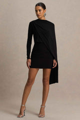 Black Long-Sleeve Mini Dress With Cape Sleeve