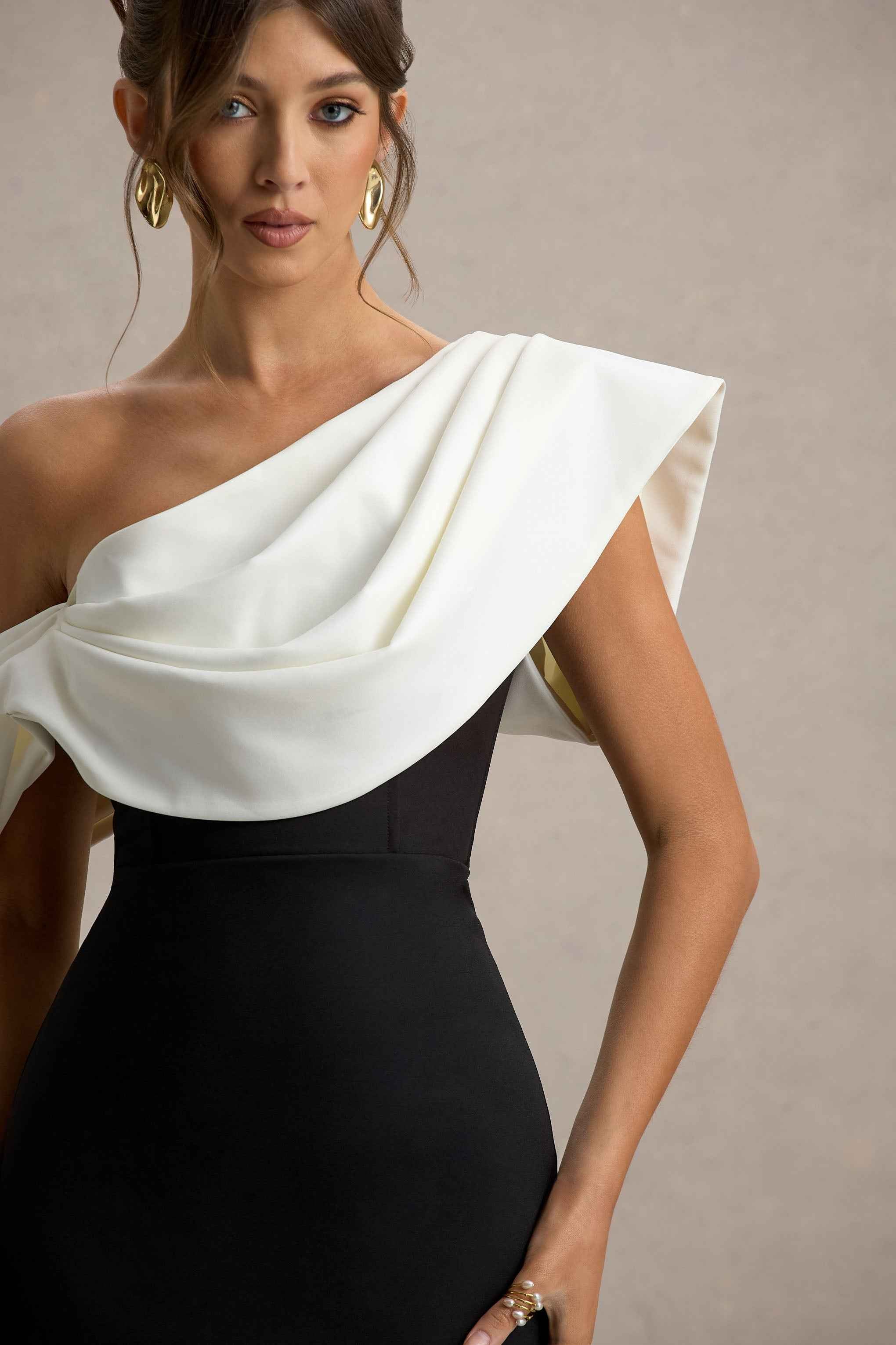 Angelina Maxi Dress - Black & White Draped Shoulder