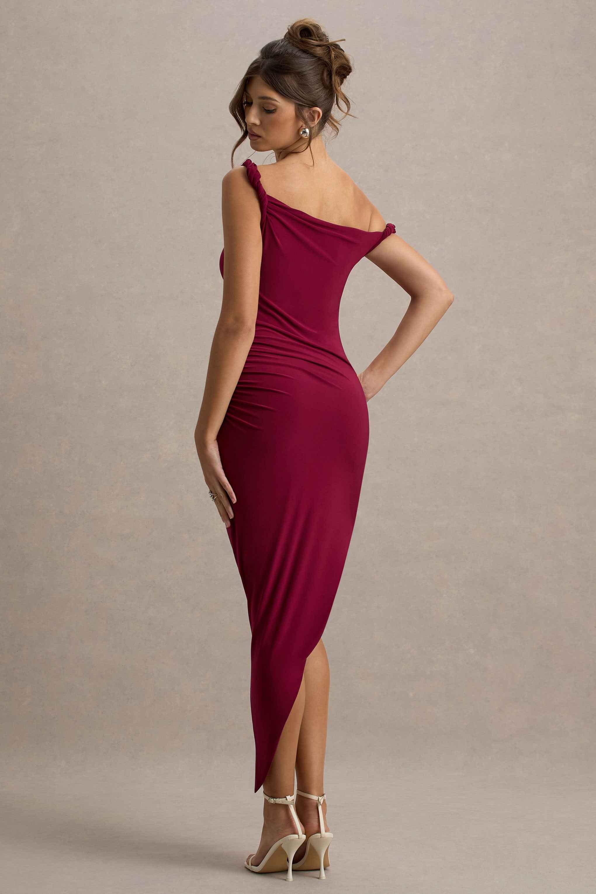 Burgundy Twisted Asymmetric Maxi Dress