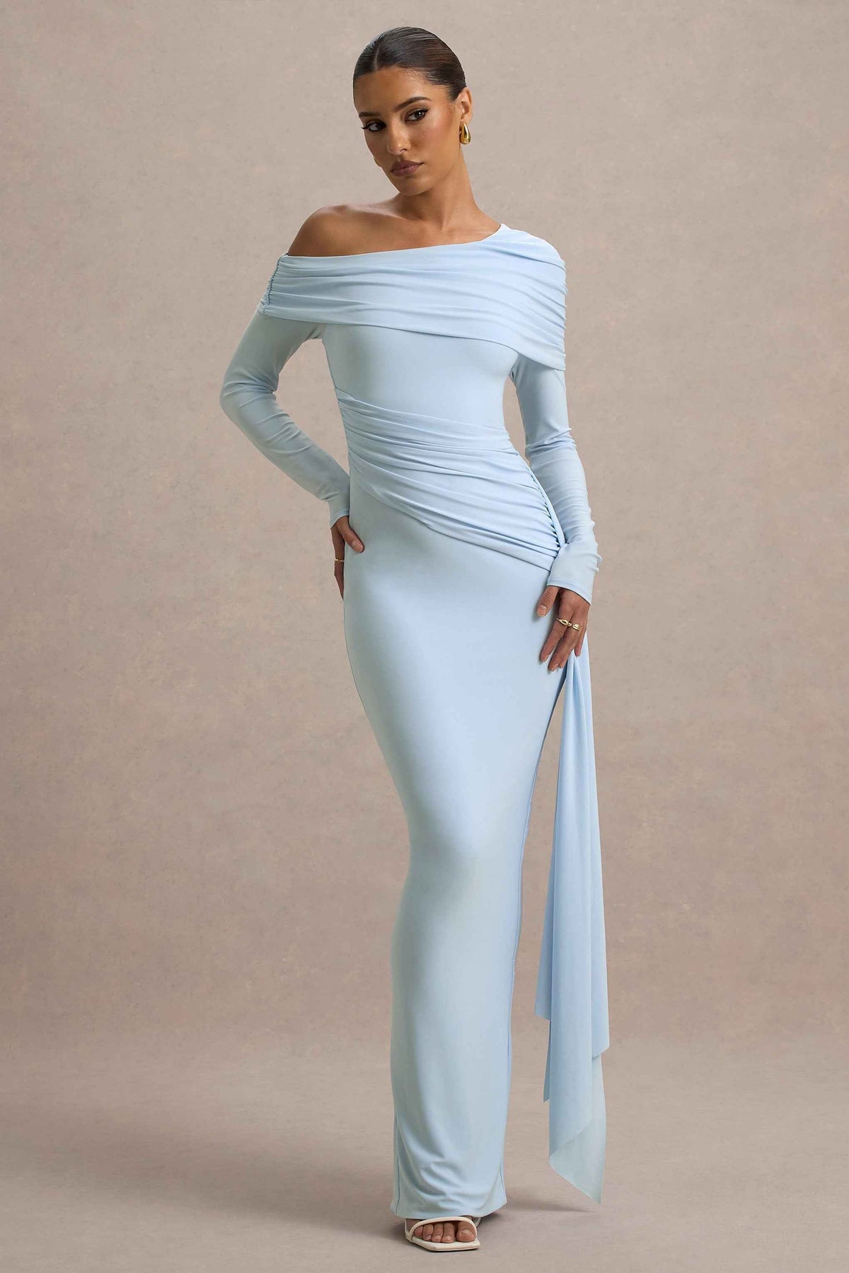 Valina Maxi Dress - Powder Blue Ruched Asymmetric