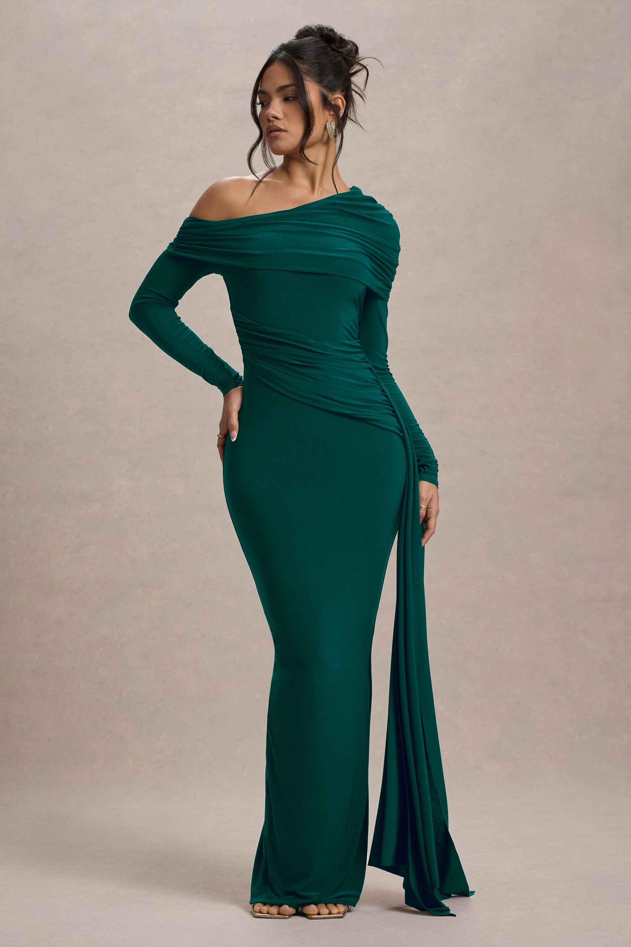 Valina Maxi Dress - Green Ruched Asymmetric