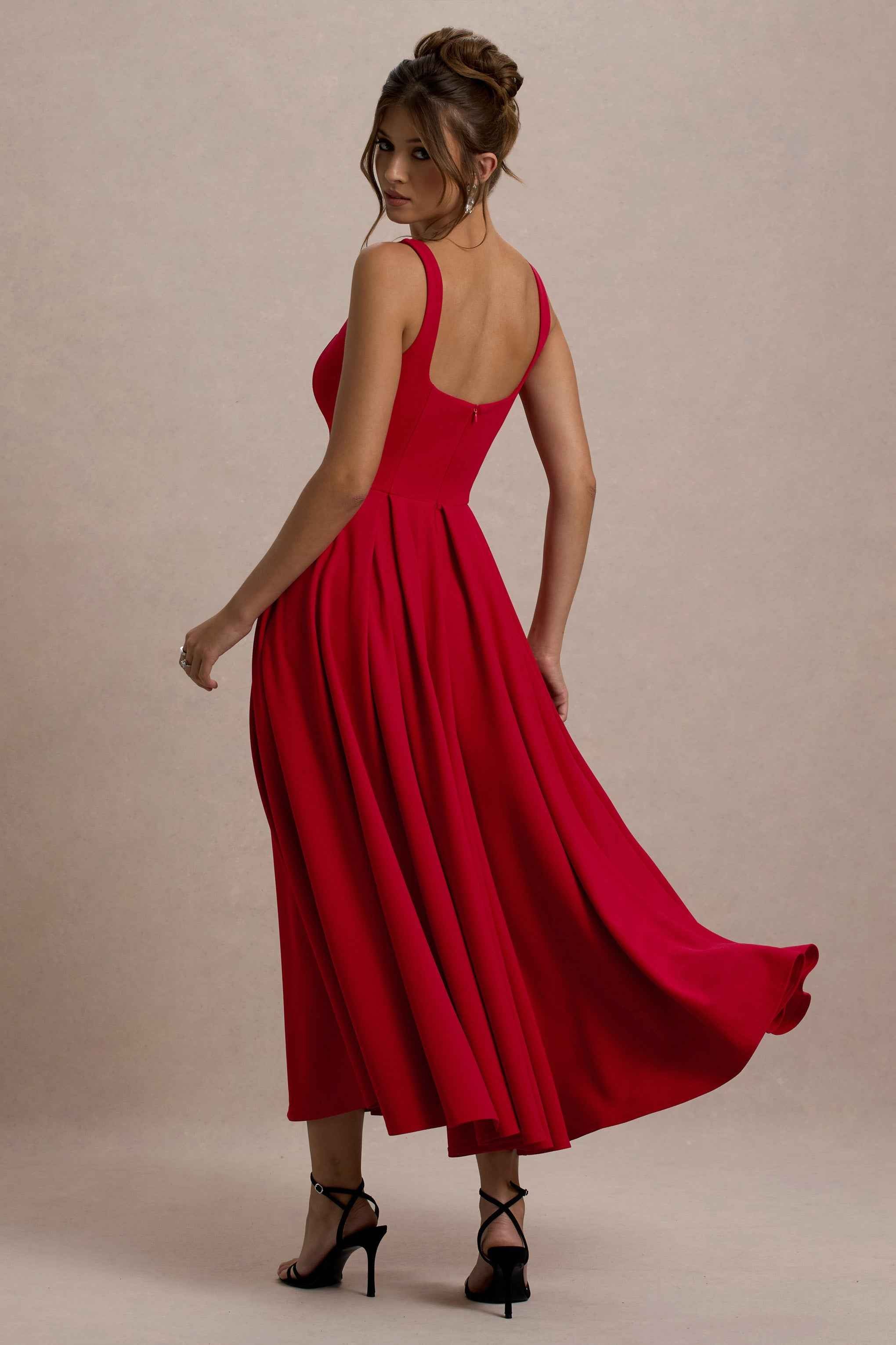 Parina Midi Dress - Red Strappy Pleated