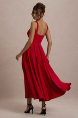 Parina Midi Dress - Red Strappy Pleated