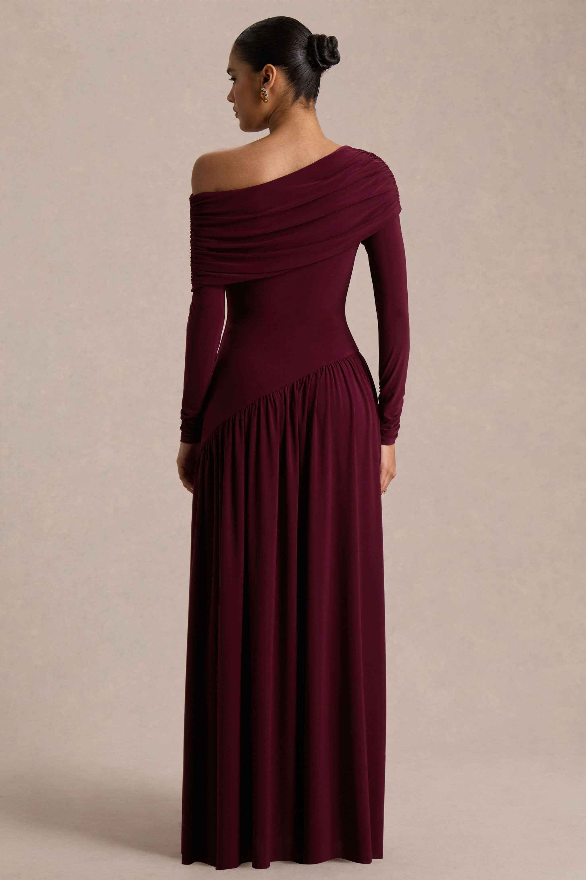 Farah Maxi Dress - Burgundy Asymmetric Neck Ruched