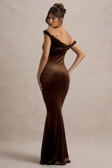 Neeka Maxi Dress - Brown Velvet Asymmetric