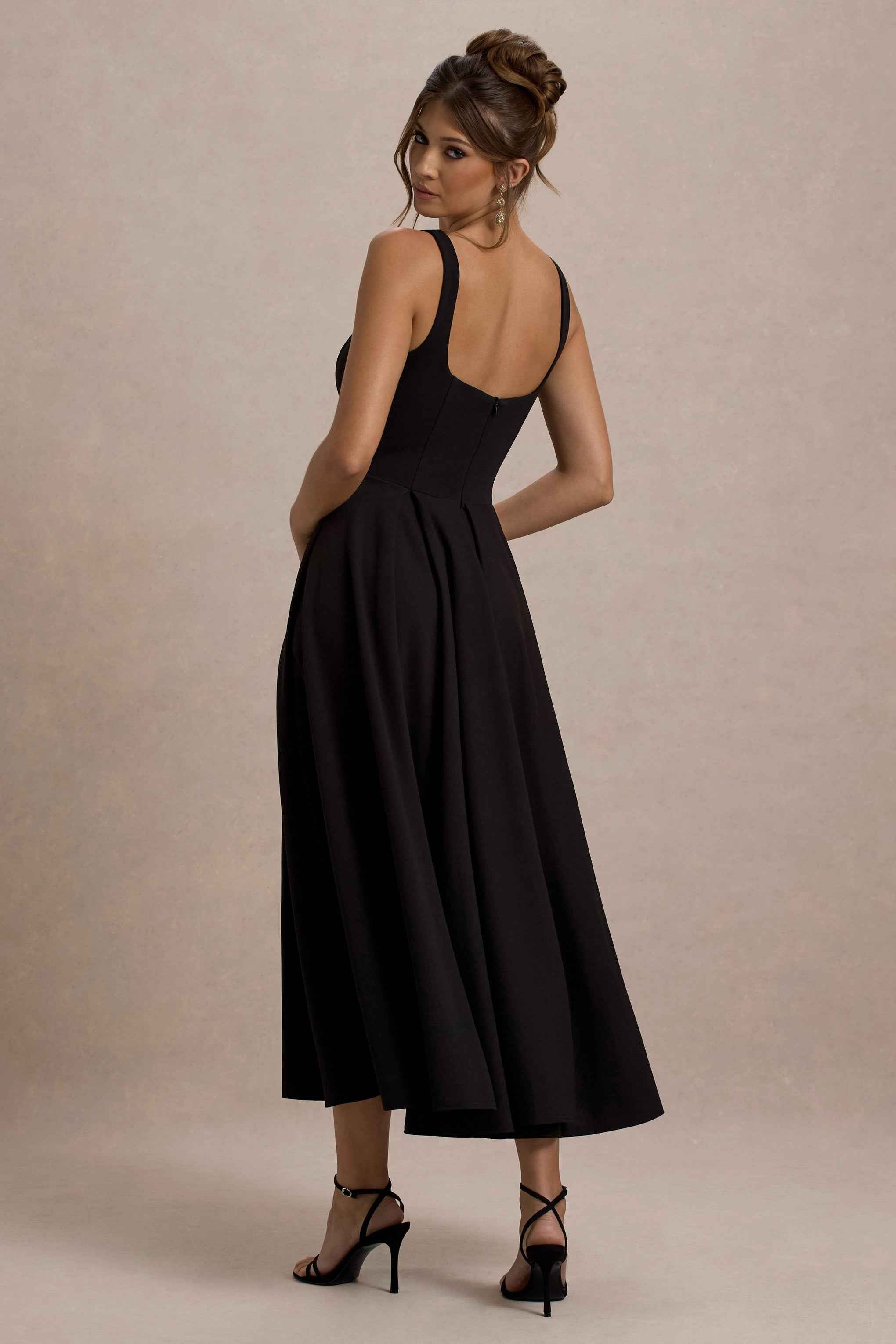 Parina Midi Dress - Black Strappy Pleated