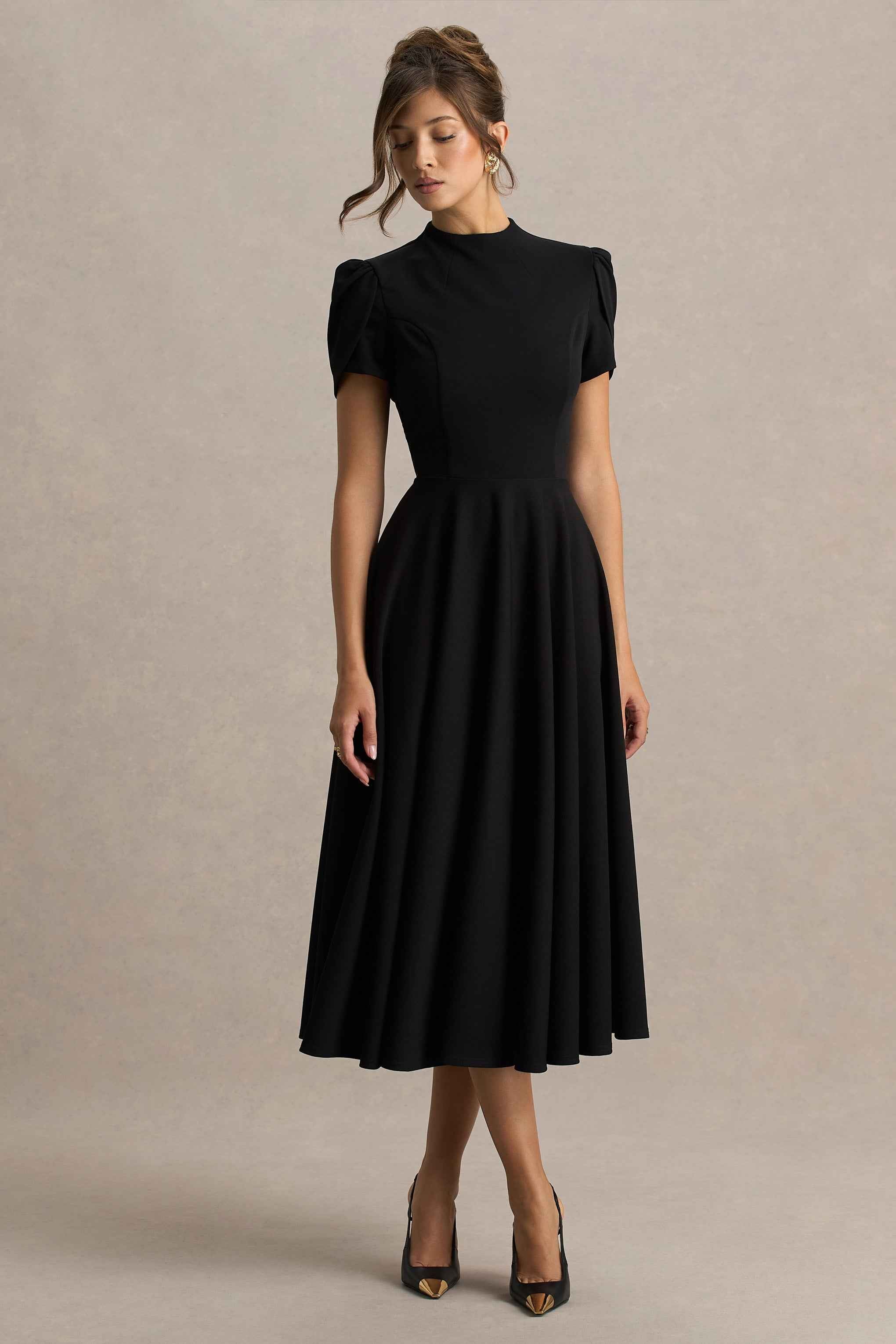 Vicky Midi Dress - Black High Neck Puff Sleeves