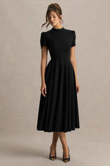 Vicky Midi Dress - Black High Neck Puff Sleeves