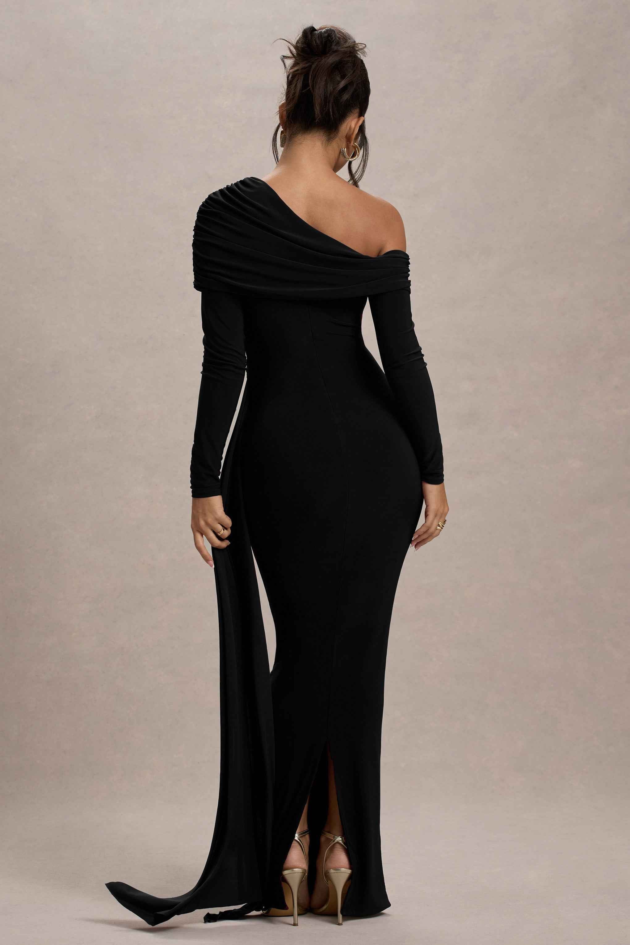 Valina Maxi Dress - Black Ruched Asymmetric