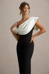 Angelina Maxi Dress - Black & White Draped Shoulder