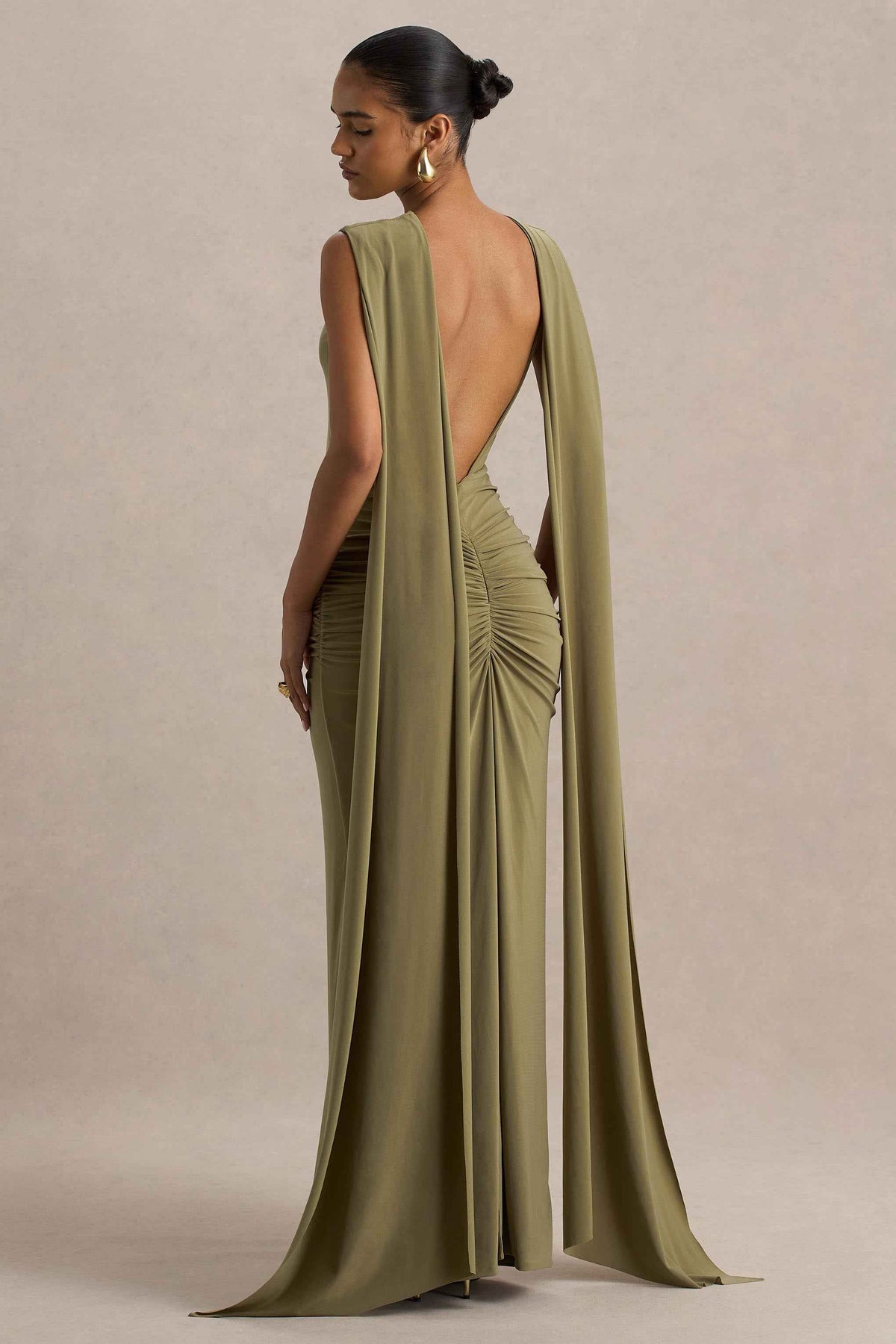 Olive Boat-Neck Maxi Dress With Cape-Sleeves And Open-Back