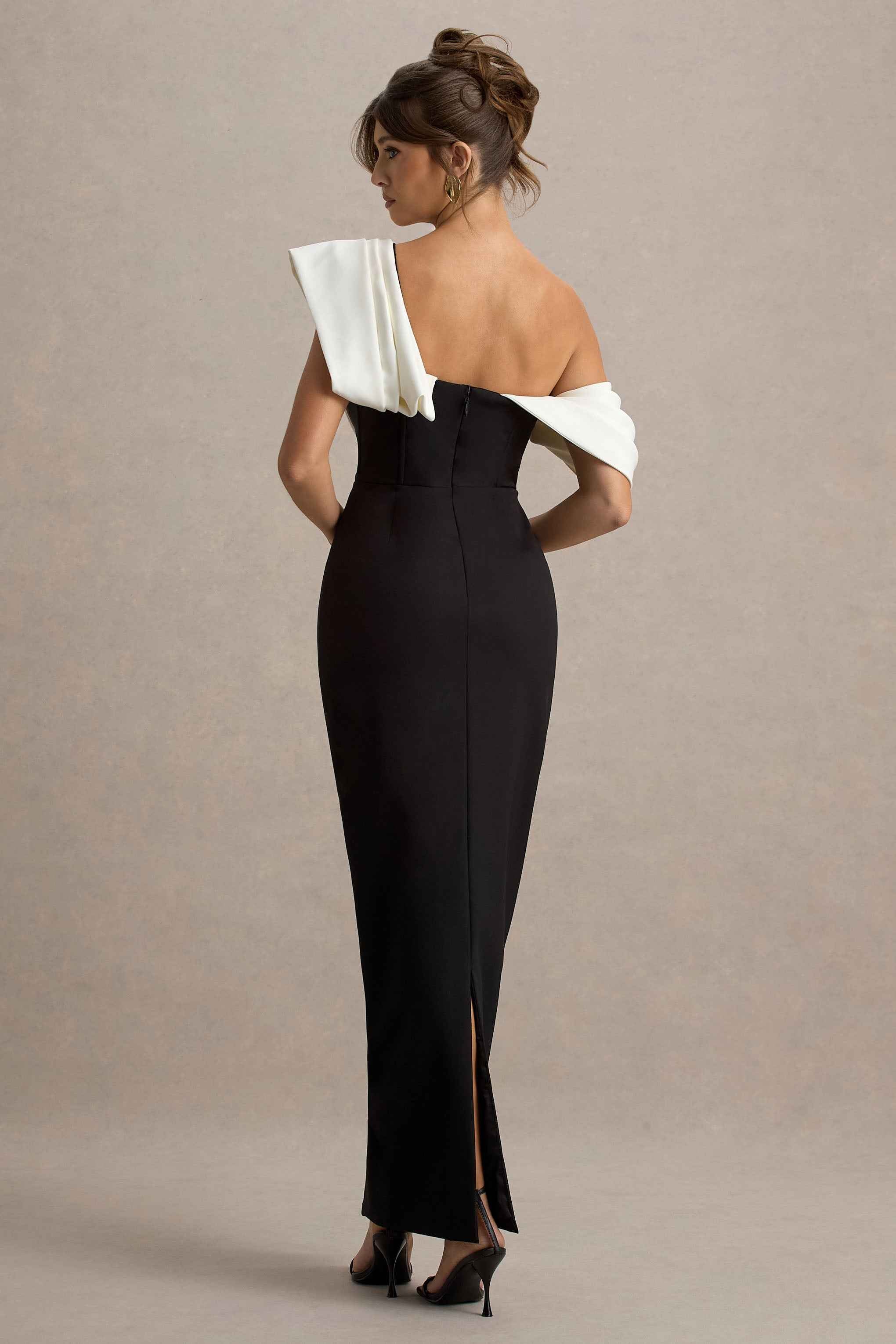 Angelina Maxi Dress - Black & White Draped Shoulder