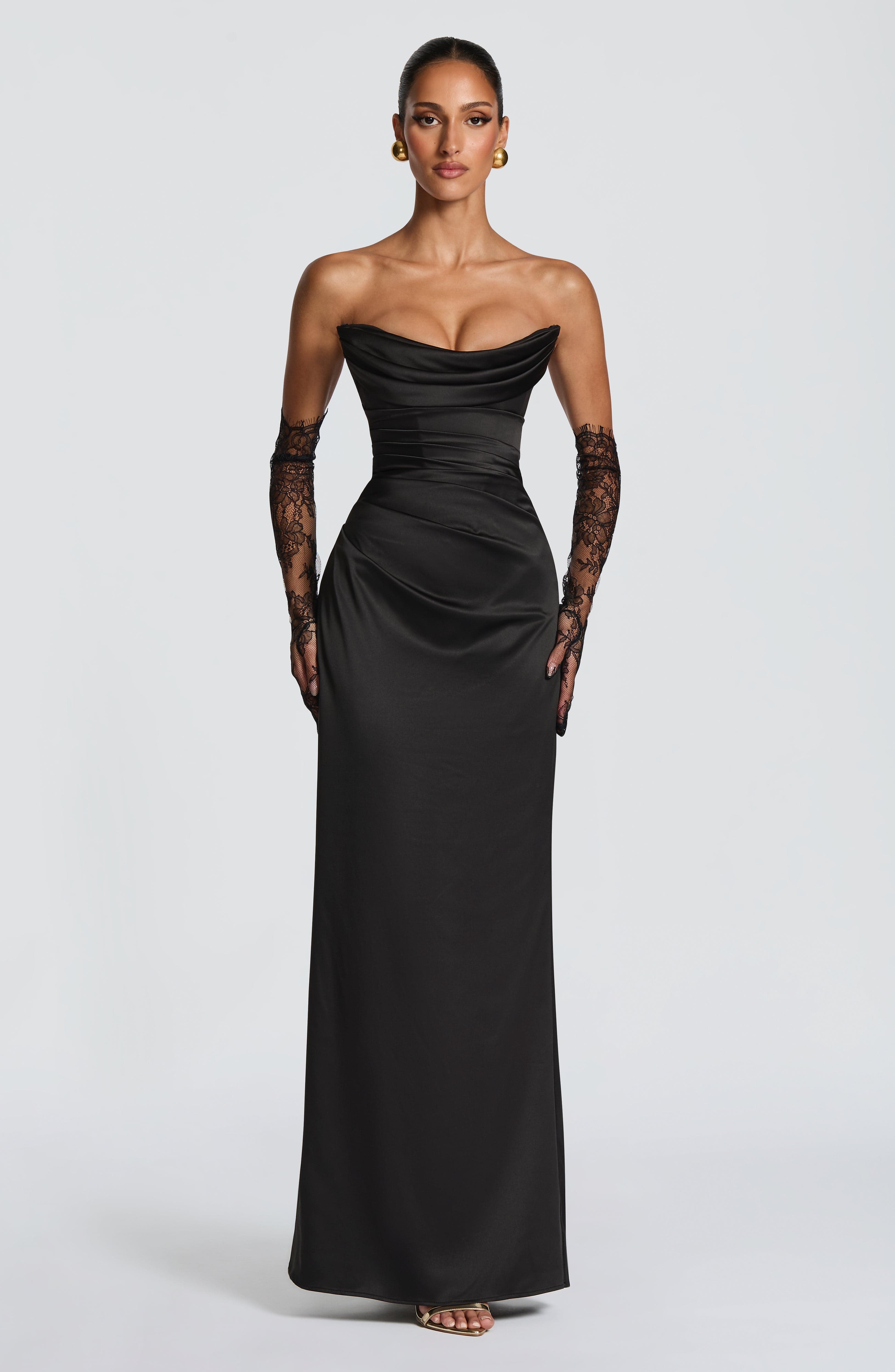 Vessa Maxi Dress - Black Satin Strapless