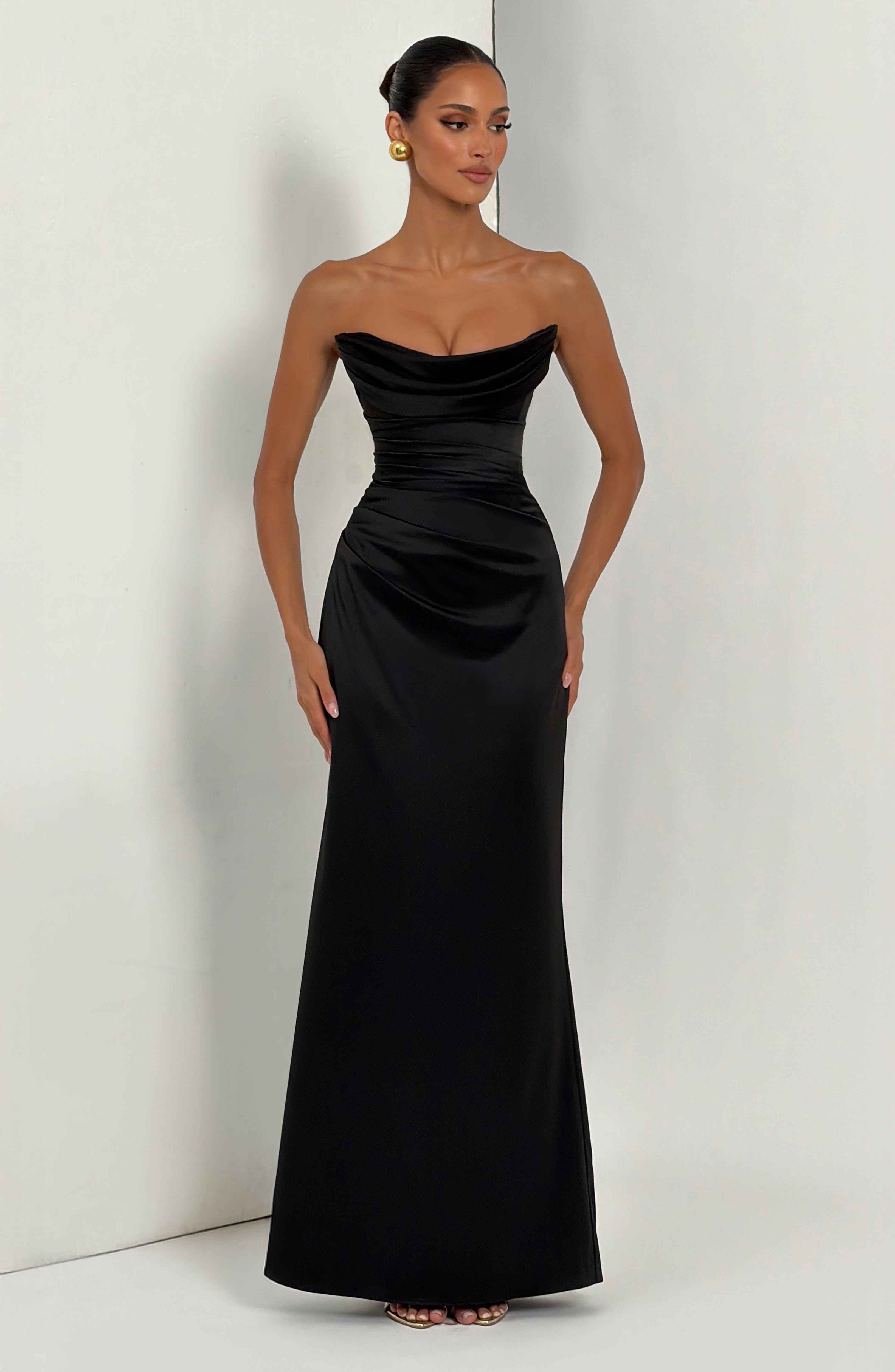 Vessa Maxi Dress - Black Satin Strapless