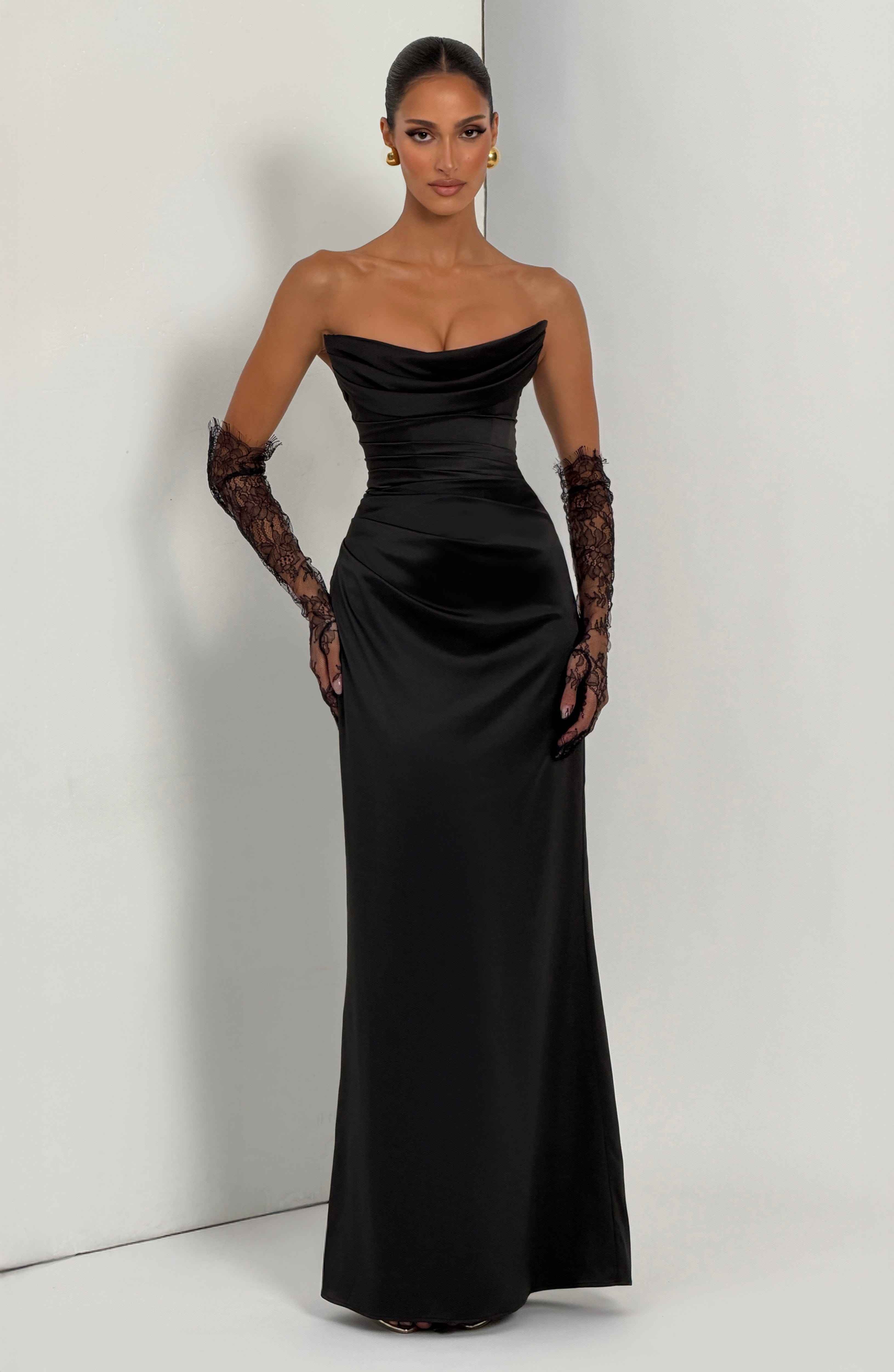 Vessa Maxi Dress - Black Satin Strapless