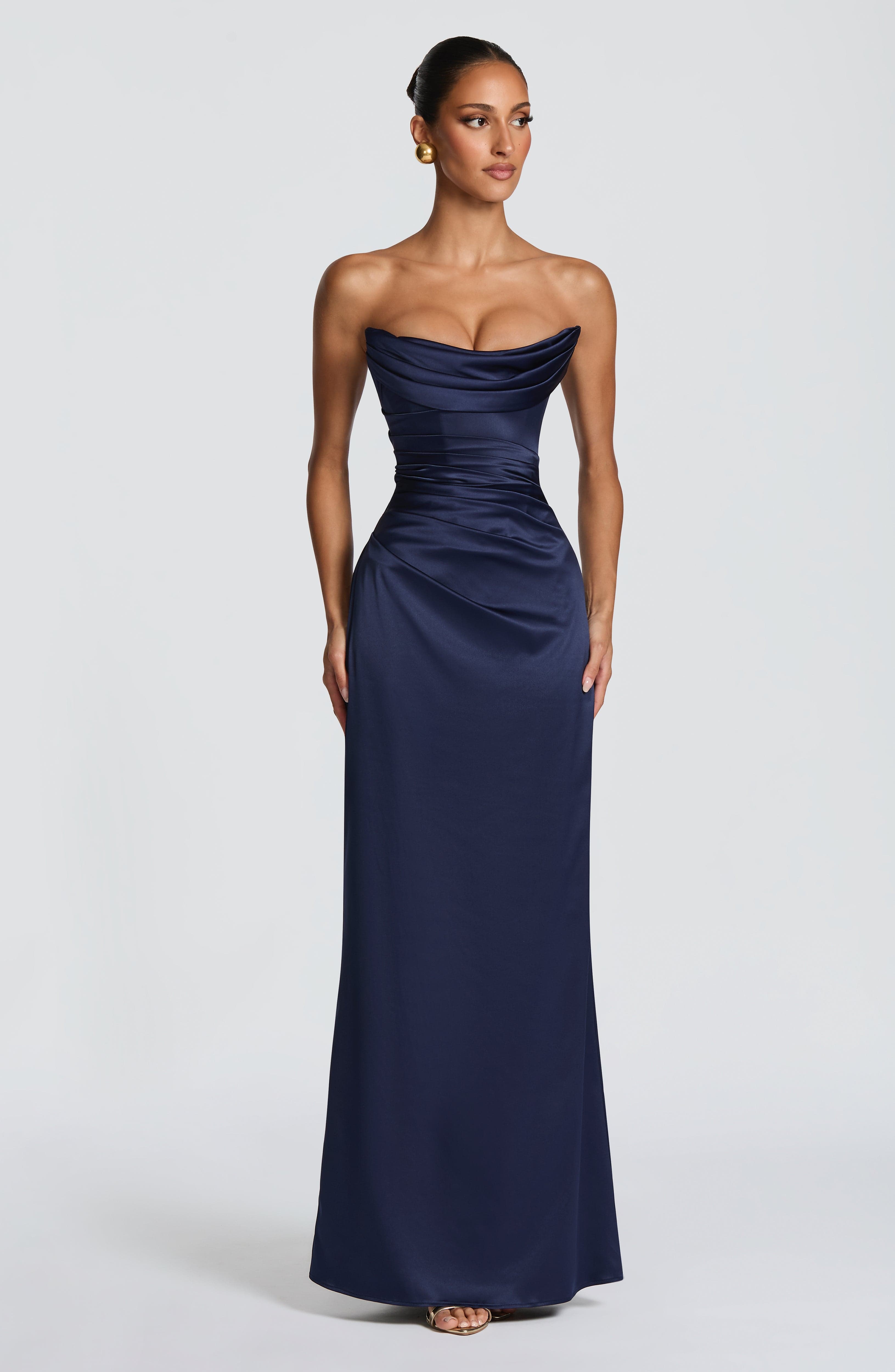 Vessa Maxi Dress - Navy Satin Strapless