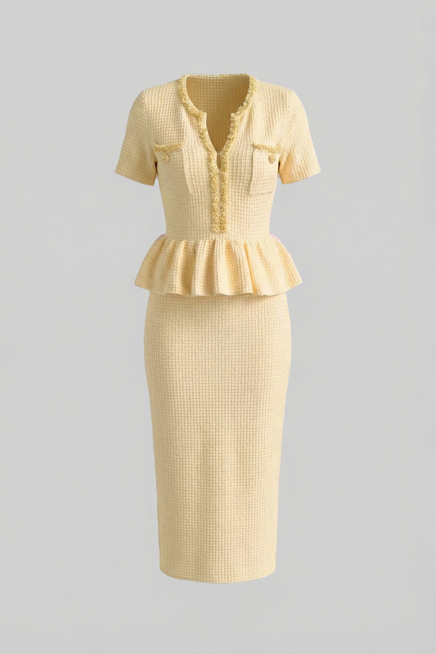 Textured Knit Midi Dress with Peplum Waist Detail Yellow