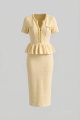 Textured Knit Midi Dress with Peplum Waist Detail Yellow